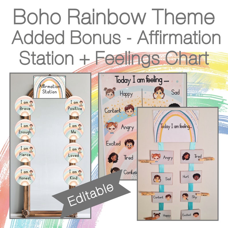 BOHO RAINBOW Classroom Decor Bundle Editable Pastel Rainbow Classroom Decor Instant Download image 3