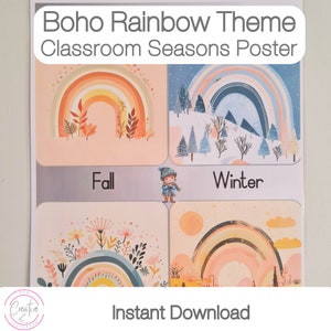 BOHO RAINBOW-poster weerkaart en seizoenen in de klas | Pastelkleurige regenboog klaslokaaldecoratie | Direct downloaden