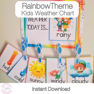 Carte météo pour enfants sur le thème arc-en-ciel imprimable - affiches toutes les saisons téléchargement immédiat | Impression PDF