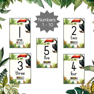 May include: A set of ten colorful flashcards featuring numbers 1 through 10 with the corresponding word written below each number. Each card has a toucan illustration and a jungle-themed background.