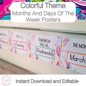 Colorful Classroom Theme Days Of The Week Poster Printable & Months Of The Year Chart Instant Download | (A4) 11.7" x 8.3" or 297 x 210mm