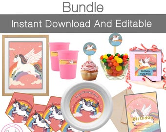 May include: A collection of unicorn-themed birthday party supplies. Includes a framed print, pink cups, cupcake, candy, a plate, party favor box, invitations, and party favor tags. The text on the plate reads "Happy Birthday Ele".