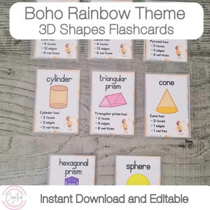 May include: A set of colorful flashcards featuring different 3D shapes, including a cube, pyramid, cylinder, triangular prism, cone, hexagonal prism, and sphere. Each card includes the name of the shape and a list of its faces, edges, and vertices.