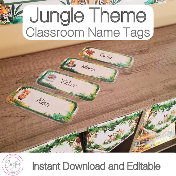 Jungle Theme Classroom Name Tags Printable - Name Tags For Kindergarten Instant Download | (A4) 8.3" x 11.7" or 210 x 297mm PDF Printing