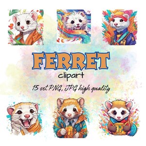 Simpatici Furetti Colorati, 15 clipart ad alta qualità in JPG, sia con Sfondo trasparente che con Sfondo Bianco , Download Digitale