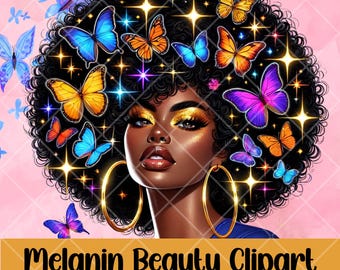 Mujer mariposa afro PNG / Arte de chica negra Descarga digital / Clipart de cabello afro vibrante