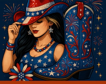 Patriotic Cowgirl Clipart PNG: 4th of July Western Art (Digital Download)