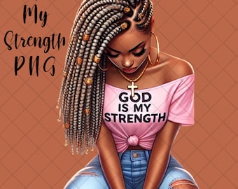 May include: Digital art of a Black woman with long, braided hair, wearing a pink off-the-shoulder top and ripped blue jeans. The top has the text "GOD IS MY STRENGTH". Gold jewelry includes hoop earrings, a necklace with a cross pendant, and bracelets. The background is a brown, diamond-patterned design.
