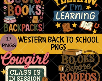 Pakiet PNG z motywem powrotu do szkoły w stylu western | Clipart ze szkołą kowbojki | Projekty typografii cyfrowej
