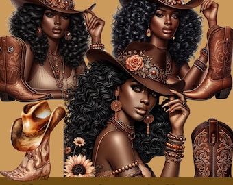 May include: Three digital illustrations of a cowgirl with brown curly hair wearing a brown cowboy hat and boots. The cowgirl is wearing jewelry and has a brown background.