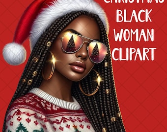 Afrocentric Christmas Woman Clipart: Braids, Santa Hat (PNG Digital Download)