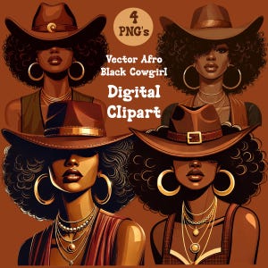 Afro Cowgirl Clipart: Western Black Queen PNG Bundle (4 PNG)
