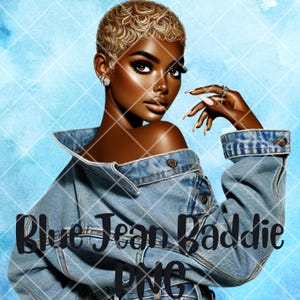 Blue Jean Baddie PNG: Illustration av afroamerikansk kvinna i denim (digital nedladdning)