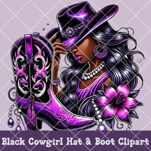 Paarse cowgirl png-clipart – Afro-Amerikaanse vrouw met hoed en laarzen – Western glamour digitale download voor sublimatie, T-shirts en ambachten