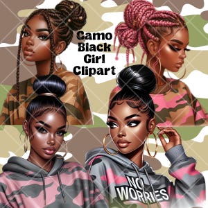 May include: Digital clipart featuring four illustrations of Black women with various hairstyles, including braids and buns. They are wearing camouflage-patterned clothing in shades of brown, pink, and gray. The text "Camo Black Girl Clipart" is displayed in black.