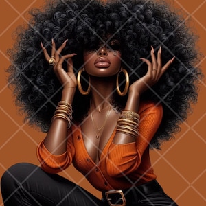 Può includere: Illustrazione digitale di una donna nera con voluminosi capelli neri, che indossa un top arancione, pantaloni neri e gioielli d'oro. L'immagine presenta grandi orecchini a cerchio dorati, multipli braccialetti d'oro e anelli. Lo sfondo è marrone caldo con un motivo a diamante e il testo "IMAGINATIVJOURNAL&PNG" è in basso.