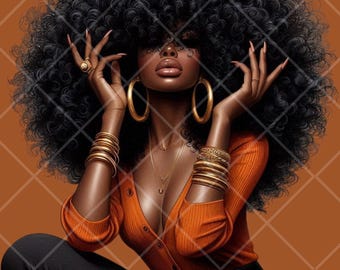 May include: Digital illustration of a Black woman with voluminous black hair, wearing an orange top, black pants, and gold jewelry. The image features large gold hoop earrings, multiple gold bracelets, and rings. The background is a warm brown with a diamond pattern, and the text "IMAGINATIVJOURNAL&PNG" is at the bottom.