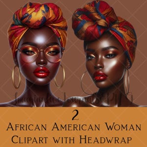 Glossy African American Woman Clipart with Headwrap & Hoop Earrings | Afrocentric Digital Download PNG | Fashionable Black Girl Art