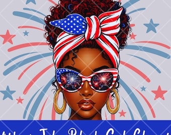 May include: Digital illustration of a Black woman with curly red hair, wearing a patriotic headband and sunglasses with a fireworks display reflected in the lenses. Gold hoop earrings and a blue and red color scheme are featured. The text "4th of July Black Girl Clipart" is at the bottom.