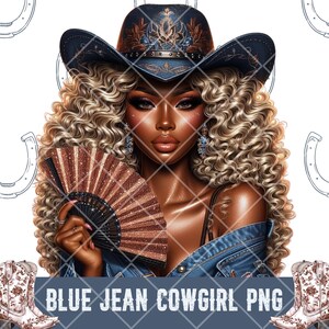 May include: Digital illustration of a woman with curly blonde hair, wearing a denim jacket and a blue cowboy hat with decorative accents. She holds a brown fan. The image includes the text "BLUE JEAN COWGIRL PNG".