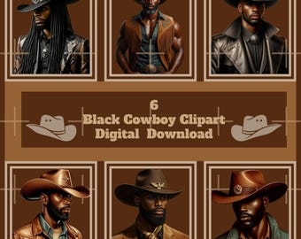 May include: Digital download of six clipart images featuring Black cowboys wearing various hats and clothing. The cowboys are depicted in a stylized, artistic manner.