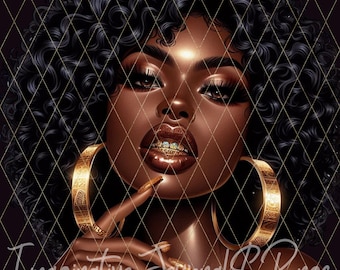 Black Woman Portrait, Luxury Gold, Curly Hair (Digital Art)