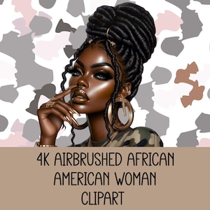 4K Airbrushed African American Woman Clipart | Boho Locs & Gold Jewelry | Melanin Digital Download PNG