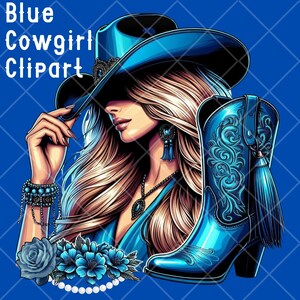Op de afbeelding: Digitale illustratie van een cowgirl met lang blond haar, met een blauwe hoed, sieraden en een jurk. Een blauwe cowboylaars en bloemstuk zijn ook te zien. De tekst "Blue Cowgirl Clipart" staat bovenaan.