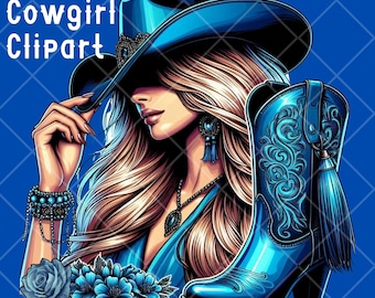Blå Cowgirl PNG Clipart: Western Glam Boot & Hat Digital Art (nedladdningsbar PNG-fil)