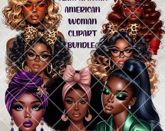 Clipart de mujer afroamericana glamurosa: paquete PNG de moda elegante (descarga digital)