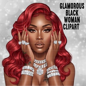 Op de afbeelding: Digitale illustratie van een glamoureuze zwarte vrouw met lang rood haar en rode nagels. Ze draagt diamanten sieraden, waaronder ringen, armbanden en een ketting. De afbeelding bevat de tekst "GLAMOROUS BLACK WOMAN CLIPART".