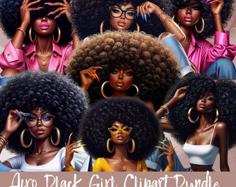 Afro Black Girl Clipart Bundle | Curly Hair Fashion PNGs | African American Women Art