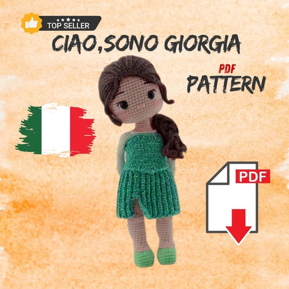 Schema amigurumi bambola Giorgia, modello di bambola fatto a mano in italiano, schema uncinetto, bambola Giorgia crochet pattern