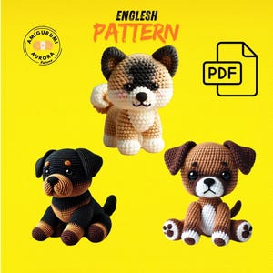 Puede incluir: Tres patrones de perros amigurumi de crochet en formato PDF. Los patrones presentan un perro marrón y blanco, un perro negro y marrón y un perro marrón y blanco con la nariz negra.