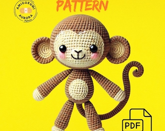 Patrón de crochet de mono amigurumi en PDF, lindo juguete de animal, mono de peluche hecho a mano, regalo de animal de peluche, patrón de crochet fácil