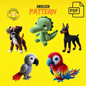 Puede incluir: Patrones de amigurumi de crochet para un cocodrilo, un perro boxer, un loro y un loro gris. Los patrones están disponibles en formato PDF. La imagen incluye el texto "ENGLISH PATTERN" y "PDF".