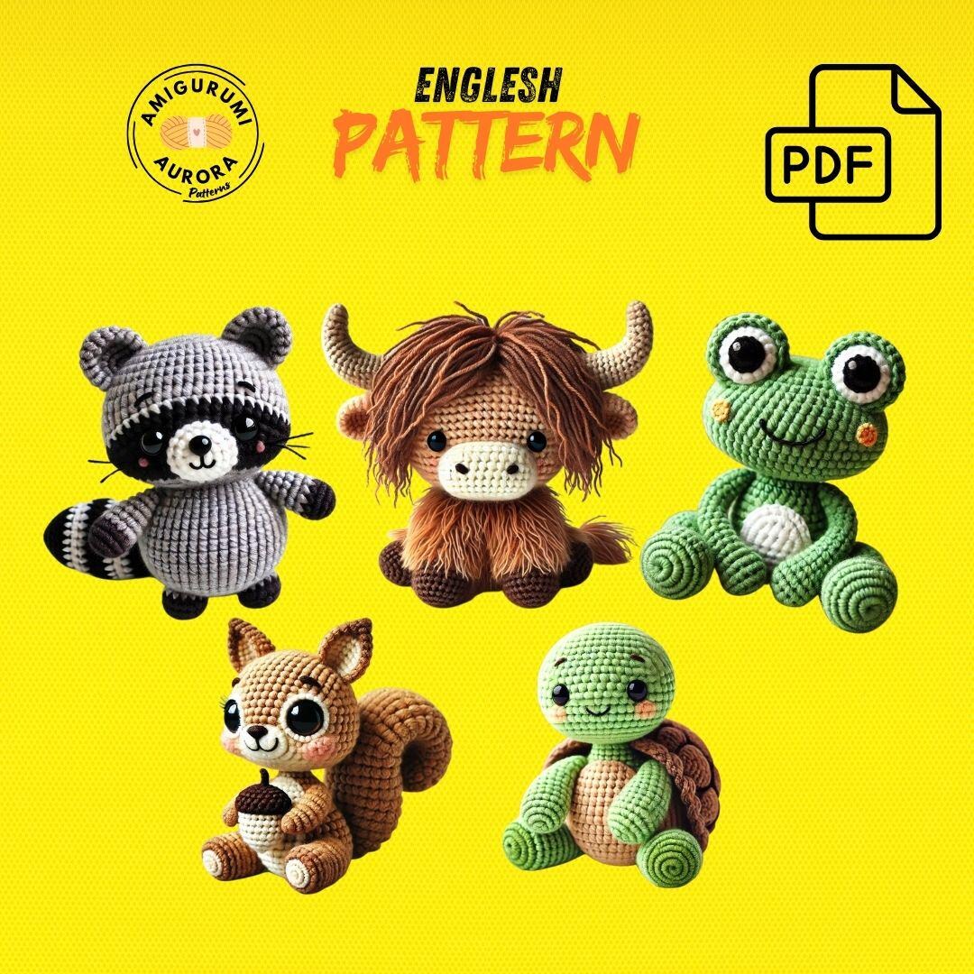 Amigurumi Crochet Pattern Bundle PDF – Raccoon, Highland Cow, Frog