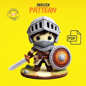 May include: Crochet pattern for a knight amigurumi doll. The doll is wearing a grey helmet, a grey scarf, and brown armor. The doll is holding a sword and a shield. The pattern is available as a PDF download.