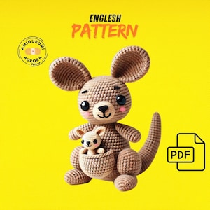 May include: Crochet pattern for a brown kangaroo amigurumi with a baby kangaroo in its pouch. The pattern is available as a PDF download. The pattern is called "Englesh Pattern".