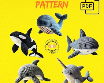 Animal Amigurumi Crochet Pattern Bundle PDF, Realistic Ocean Creatures, DIY Whale, Shark, Dolphin, Orca, Narwhal Plush, Stuffed Animal Gift