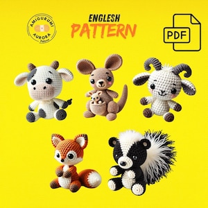 May include: Five amigurumi crochet animal patterns: a cow, kangaroo, goat, fox, and skunk. The patterns are available in English and are in PDF format.