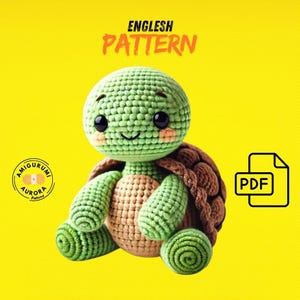 Pode incluir: Um padrão de tartaruga amigurumi de crochê em inglês, disponível para download em PDF. O padrão apresenta uma linda tartaruga verde com uma concha marrom e olhos grandes.