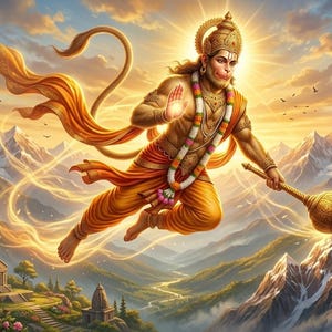 03 Hanuman Digital Art Print, Hanuman Flying Over Ayodhya Ram Mandir, Hindu Deity Wall Decor, Spiritual Indian Home Decor