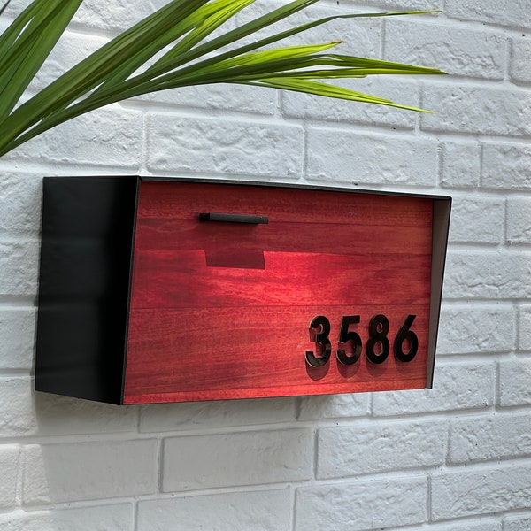 Wall mounted mailbox, custom mailbox, aluminum body and black acrylic numbers