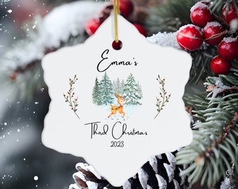 Girl Third Christmas Ornament, Personalized Baby Third Christmas Ornament, Custom Name Ornament for Little Girl, Deer Ornament