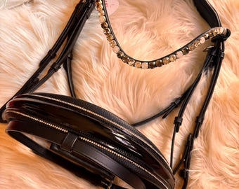 Bridle Crystal Rhinestones Patent Swedish Noseband Glamorous Black XFULL