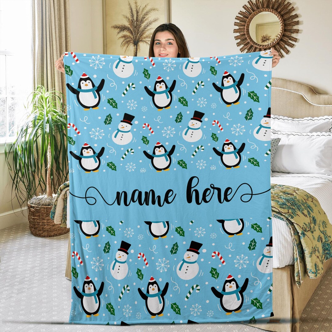 Personalized Christmas Penguin Blanketcute Penguin Snowflakes Etsy