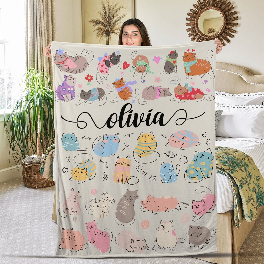 Personalized Cat Blanket Cute Cats Blanket Custom Name Soft Etsy