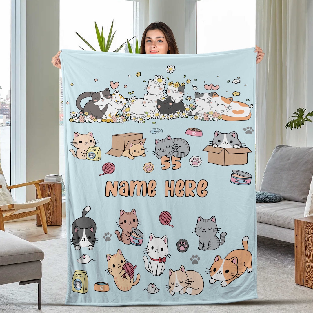 Personalized Cat Blanket Cute Cats Blanket Custom Name Soft Etsy