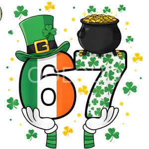 Puede incluir: Gráfico del Día de San Patricio con los números 67. El número 6 está diseñado como la bandera irlandesa y lleva un sombrero verde con un trébol. El número 7 está decorado con tréboles y sostiene una olla de oro.